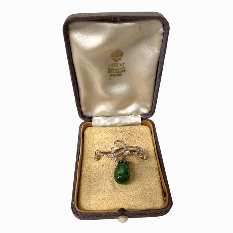 Appraisal: Russian Empire Gold Diamond Jade Brooch Russian Empire Gold Diamond