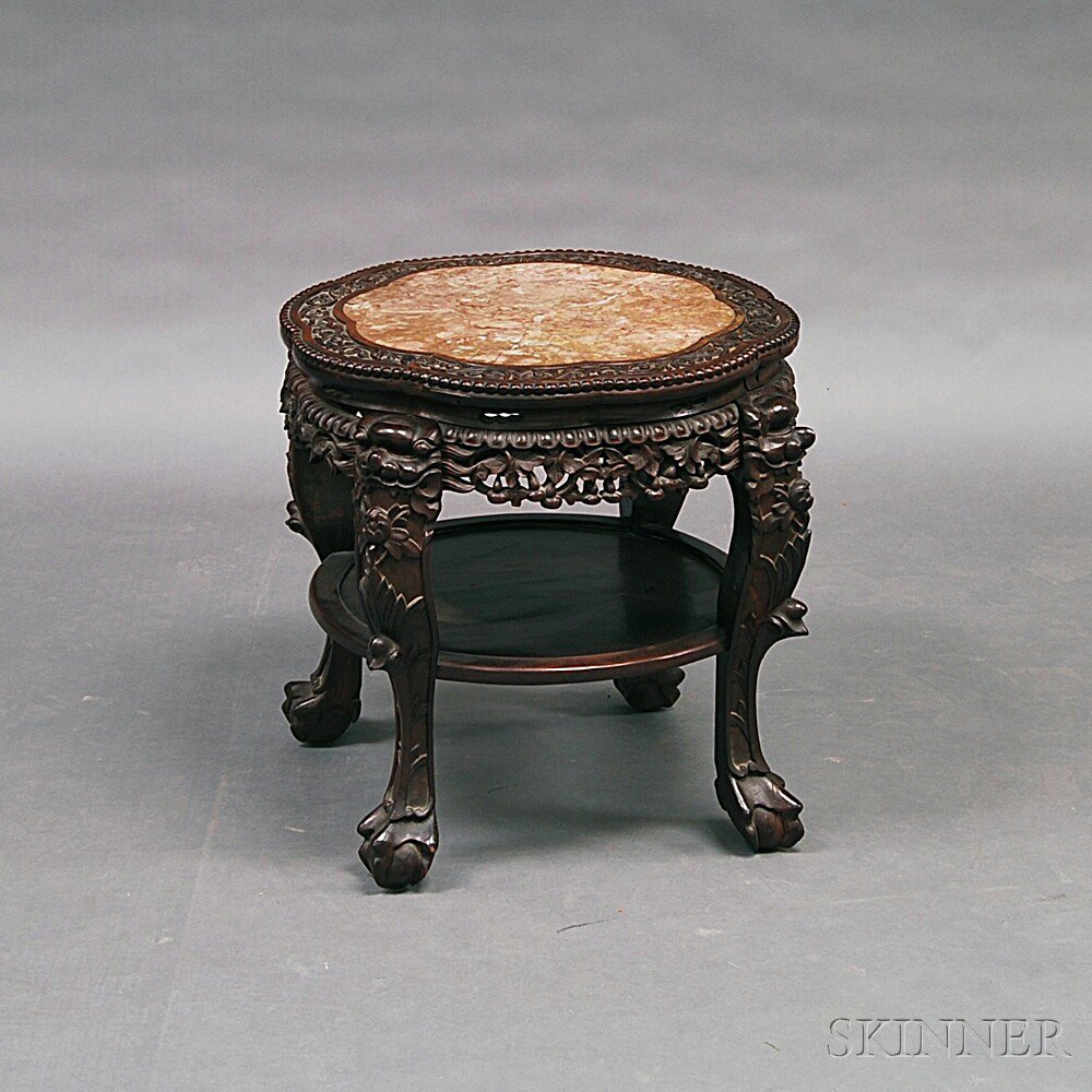 Appraisal: Chinese Carved Hardwood Marble-top Stand the inset marble top with