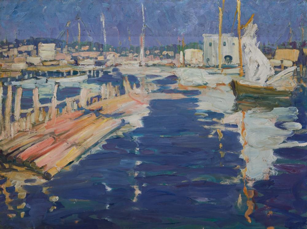 Appraisal: JANE PETERSON American - Harbor Scene study oil on canvas