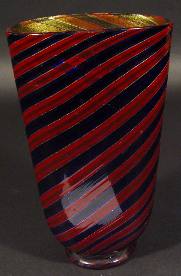 Appraisal: Large Italian red and blue striped glass vase with gilt