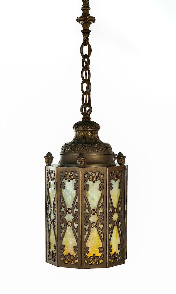 Appraisal: Ten Panel Slag Glass Pendant Lamp DESCRIPTION Ten panel slag