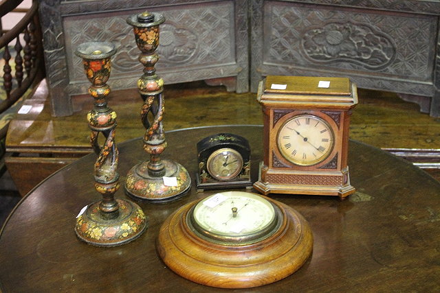 Appraisal: AN OAK CASED BAROMETER a walnut cased mantel clock a