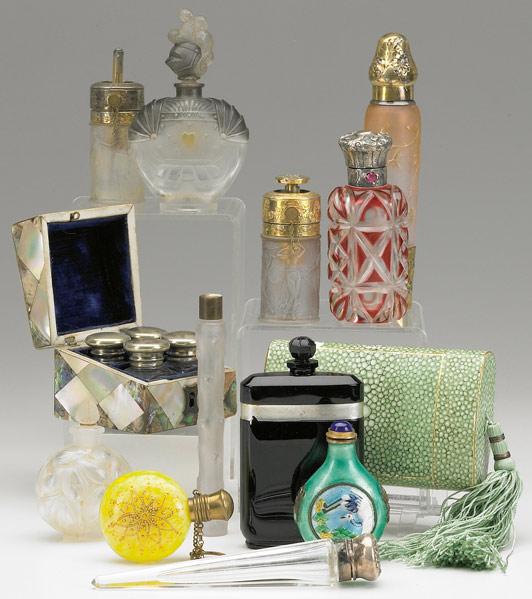 Appraisal: PERFUME GROUPING Twelve pieces includes bottles atomizers vials four-piece set