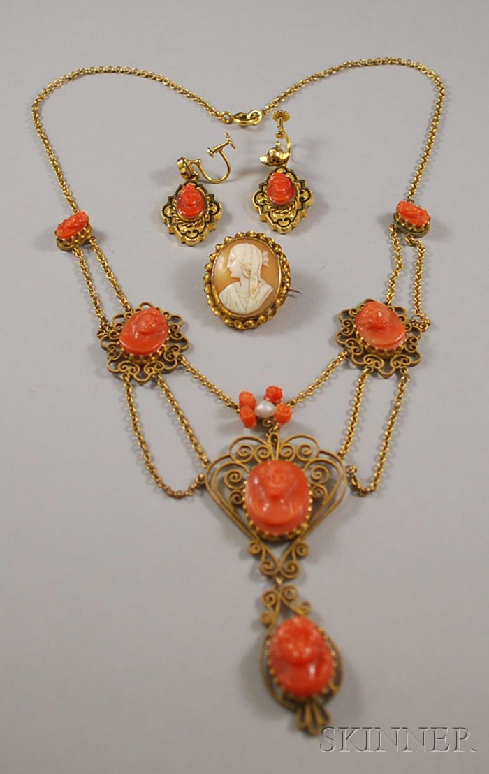 Appraisal: Gold and Carved Coral Necklace and Similar Earrings and a