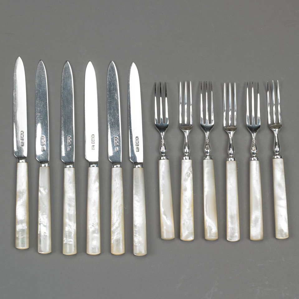 Appraisal: Six English Silver Fruit Knives and Forks Sheffield with mother-of-pearl