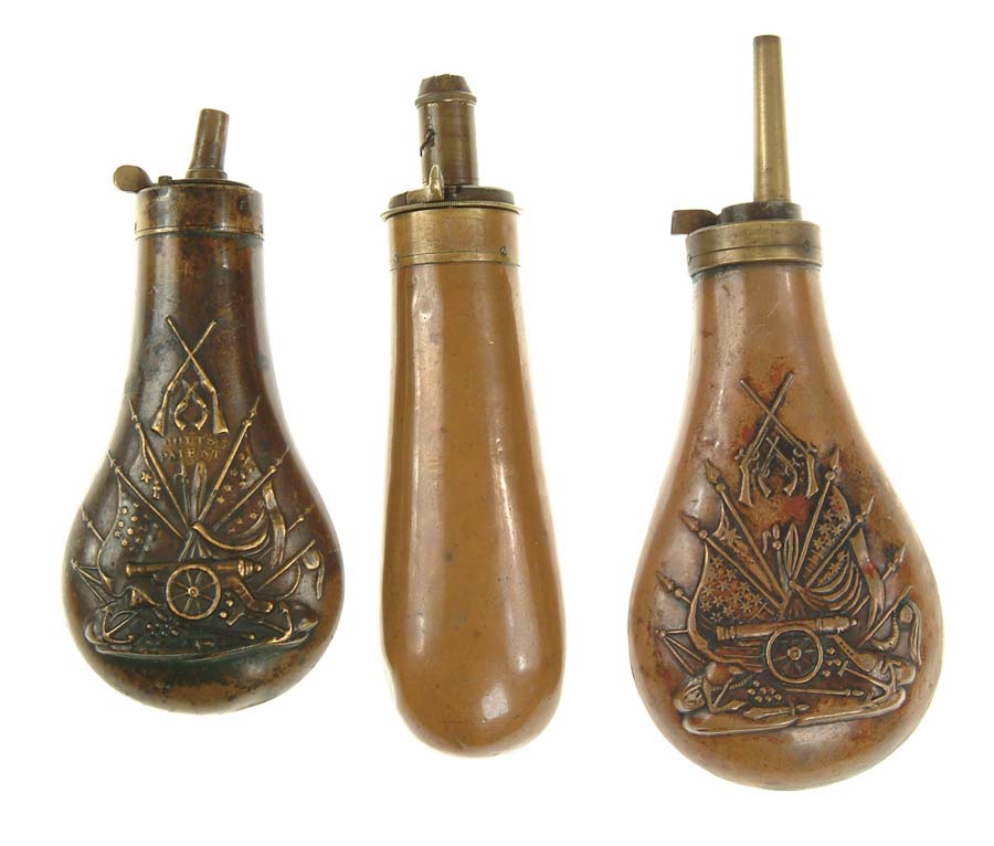 Appraisal: LOT OF THREE POWDER FLASKS Dbl sided Colt Army size