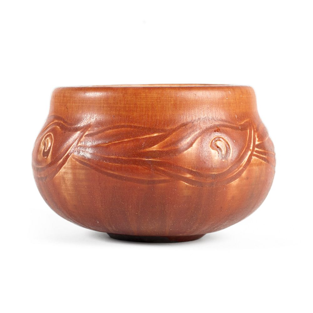 Appraisal: Rookwood Pottery Arts Crafts Carved Peacock Feathers Pot Rookwood Pottery