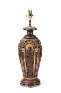 Appraisal: English Carved Wood Courtly Scene Lamp English first half th