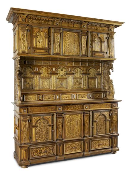 Appraisal: GERMAN OAK AND MARQUETRY CABINET TH CENTURY inlaid throughout with