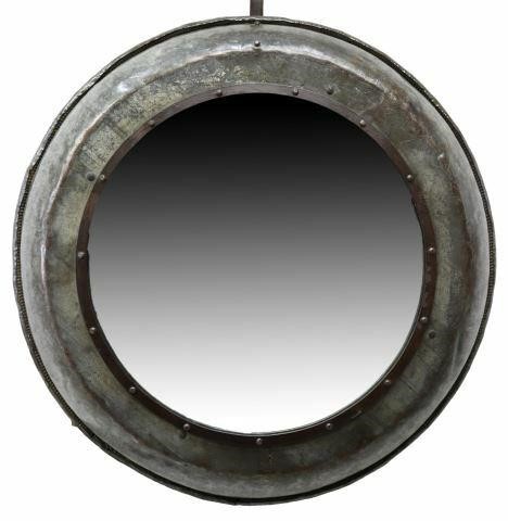 Appraisal: Large round metal framed mirror st c steel basin shaped