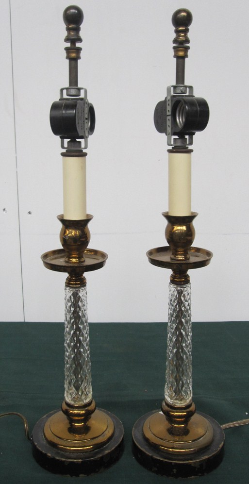 Appraisal: PAIR CANDLESTICK LAMPS Brass with glass stems H