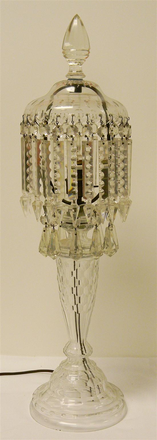 Appraisal: Cut glass lamp with faceted prisms '' h round base