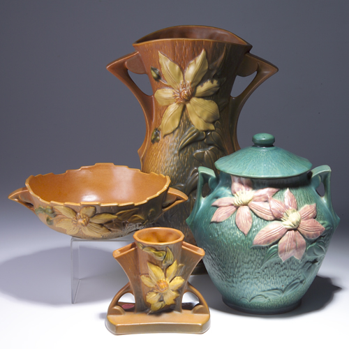 Appraisal: Four ROSEVILLE Clematis pieces to include a brown bowl -