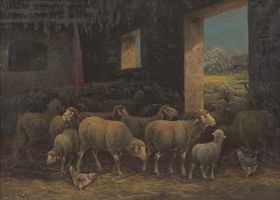 Appraisal: F Rolf Continental School th Century Sheep in a barn