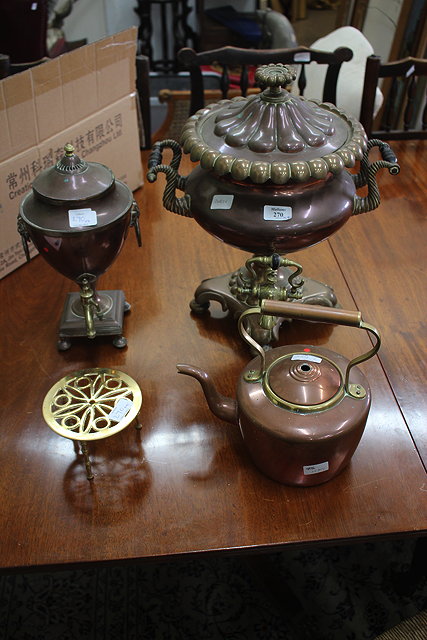 Appraisal: A TH CENTURY COPPER AND BRASS SAMOVAR with carrying handles