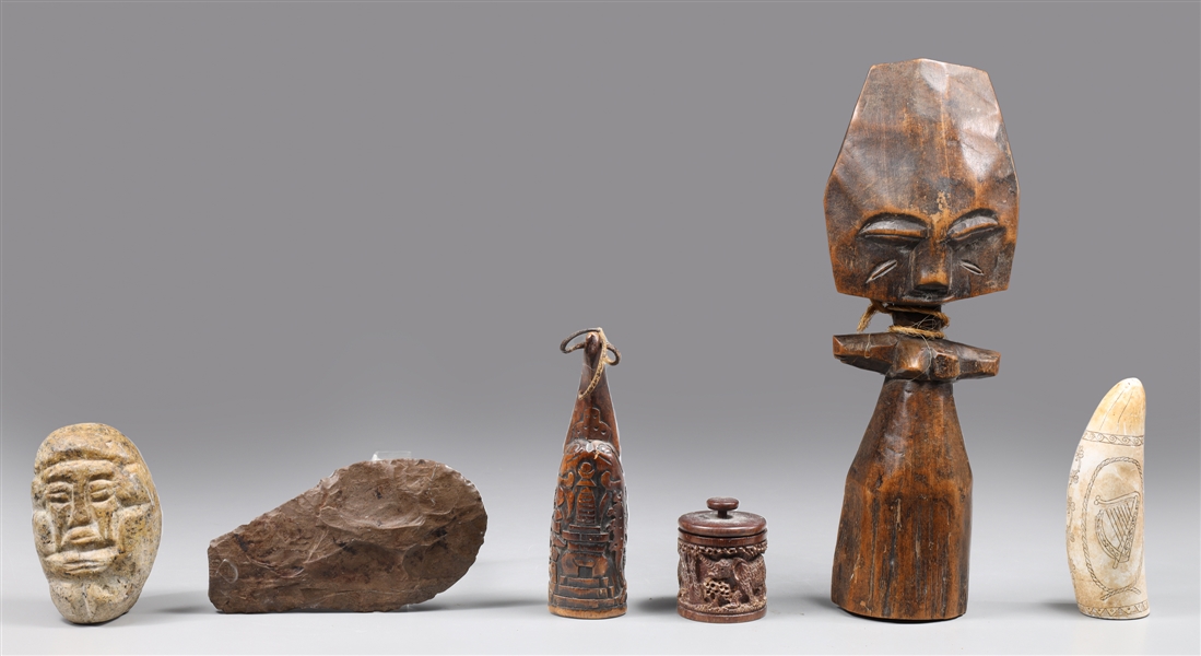 Appraisal: Group of six carved mixed stone and wood ethnographic collection