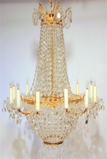 Appraisal: French gilt bronze and luster twelve light waterfall chandelier early