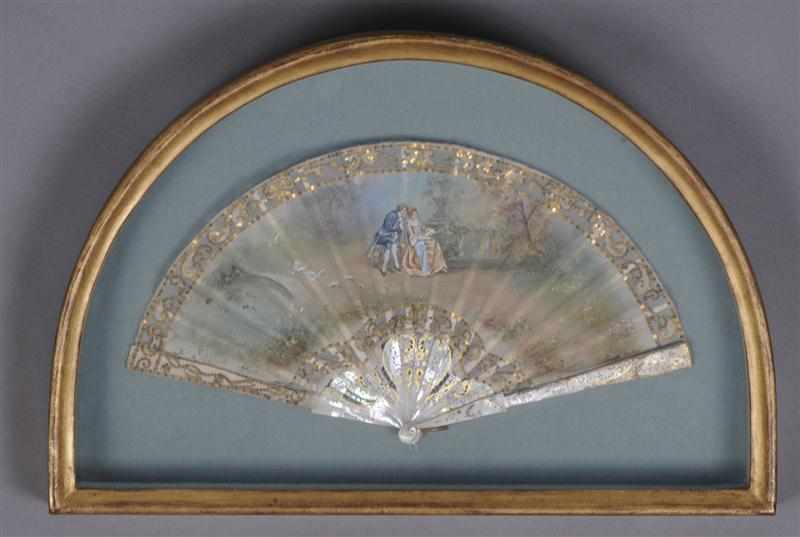 Appraisal: FRENCH WATERCOLOR ON GAUZE FAN Signed Monoty with gilt metal