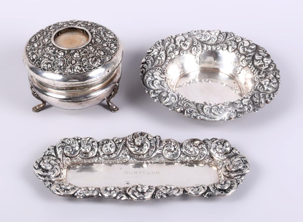 Appraisal: THREE SILVER REPOUSSE PIECES including long tray pin tray with