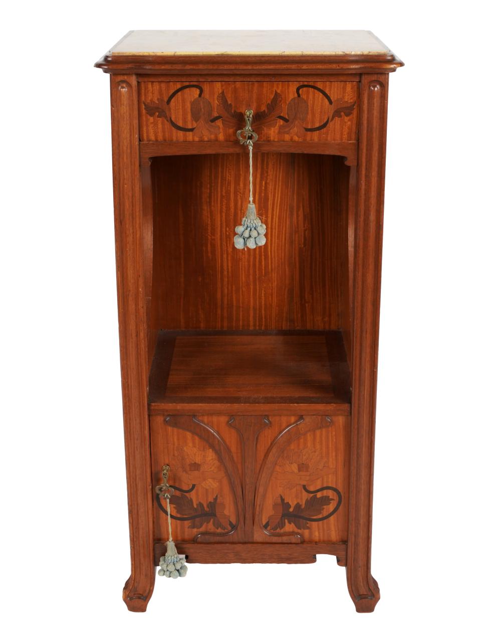 Appraisal: ART NOUVEAU BEDSIDE STANDmahogany and marquetry having a drawer over