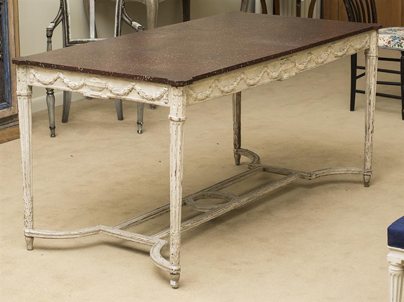 Appraisal: LOUIS XVI STYLE PAINTED CENTER TABLE With a faux porphyry