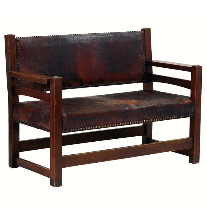 Appraisal: Rare Gustav Stickley hall bench early form with leather back