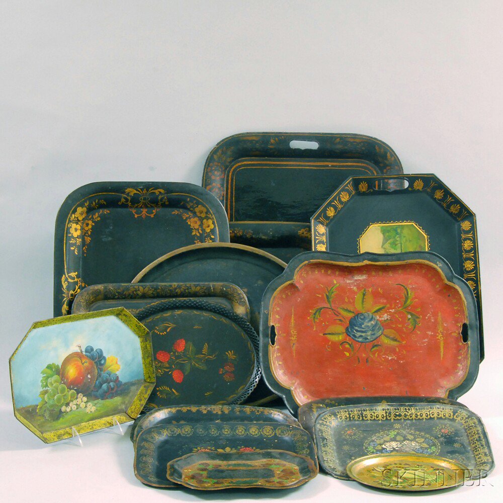 Appraisal: Sixteen Tole Trays late th century including one depicting still-life