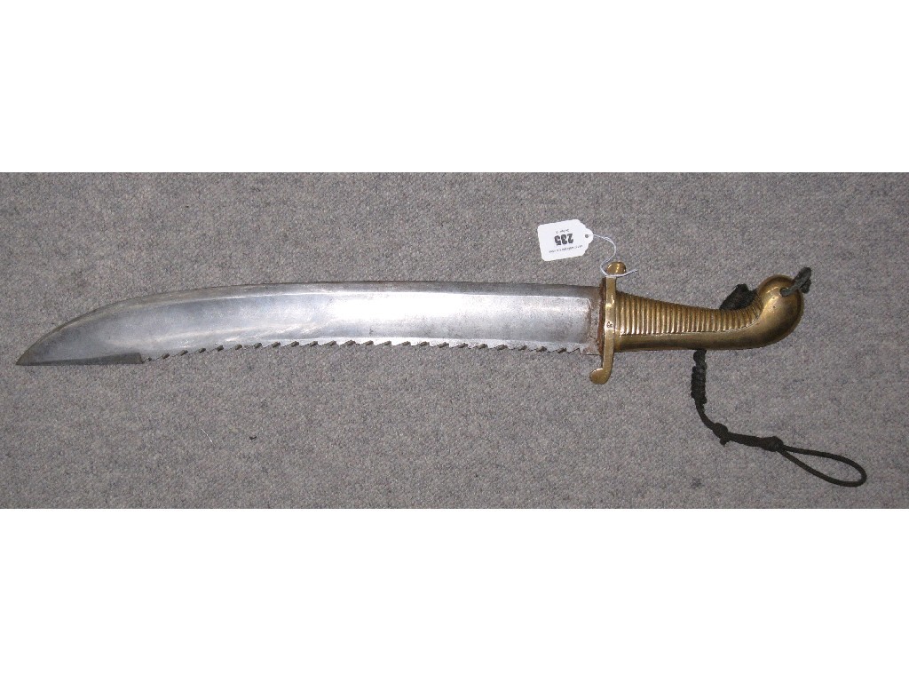 Appraisal: Eastern European short sword with ribbed brass hilt and serrated