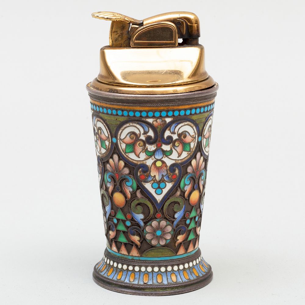 Appraisal: Russian Silver and Enamel Table Lighter Russian Silver and Enamel