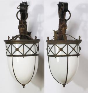 Appraisal: Edwardian wrought iron milk glass sconces h Pair of Edwardian