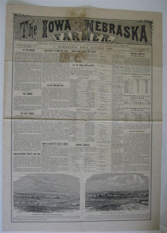 Appraisal: IOWA The Iowa and Nebraska Farmer Broadsheet newspaper pages x