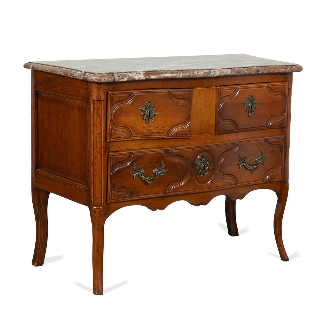 Appraisal: LOUIS XV STYLE THREE DRAWER MARBLE TOP COMMODE French provincial