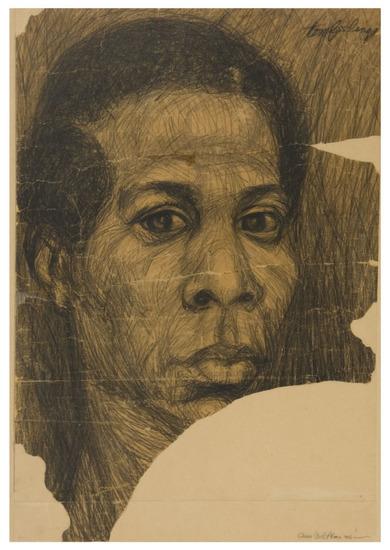 Appraisal: Tom FEELINGS - Self-portrait Laminated large charcoal self-portrait executed in