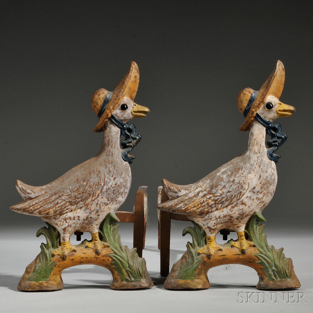 Appraisal: Pair of Painted Cast Iron Mother Goose Andirons marked HOWES