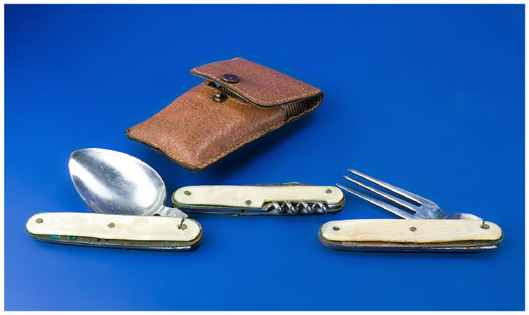 Appraisal: Campaign' Penknife Corkscrew fork and spoon in case