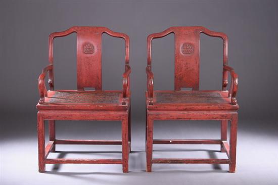 Appraisal: PAIR CHINESE RED LACQUER ARMCHAIRS Late Qing Dynasty - in