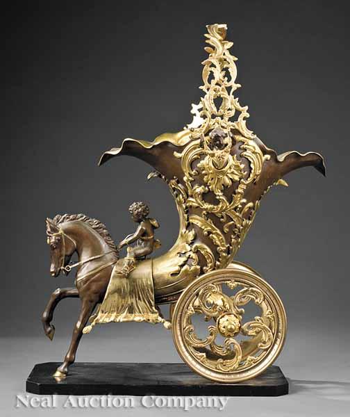 Appraisal: A Fine Continental Patinated and Gilt Bronze Chariot Centerpiece mid-