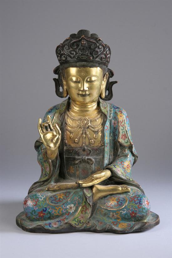 Appraisal: CHINESE CLOISONN AND BRONZE FIGURE OF GUANYIN Qing Dynasty Wearing