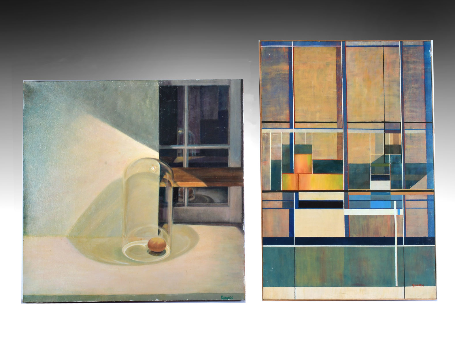 Appraisal: TWO MODERNIST GABELLINI PAINTINGS Abstract Composition Featuring an Egg Under