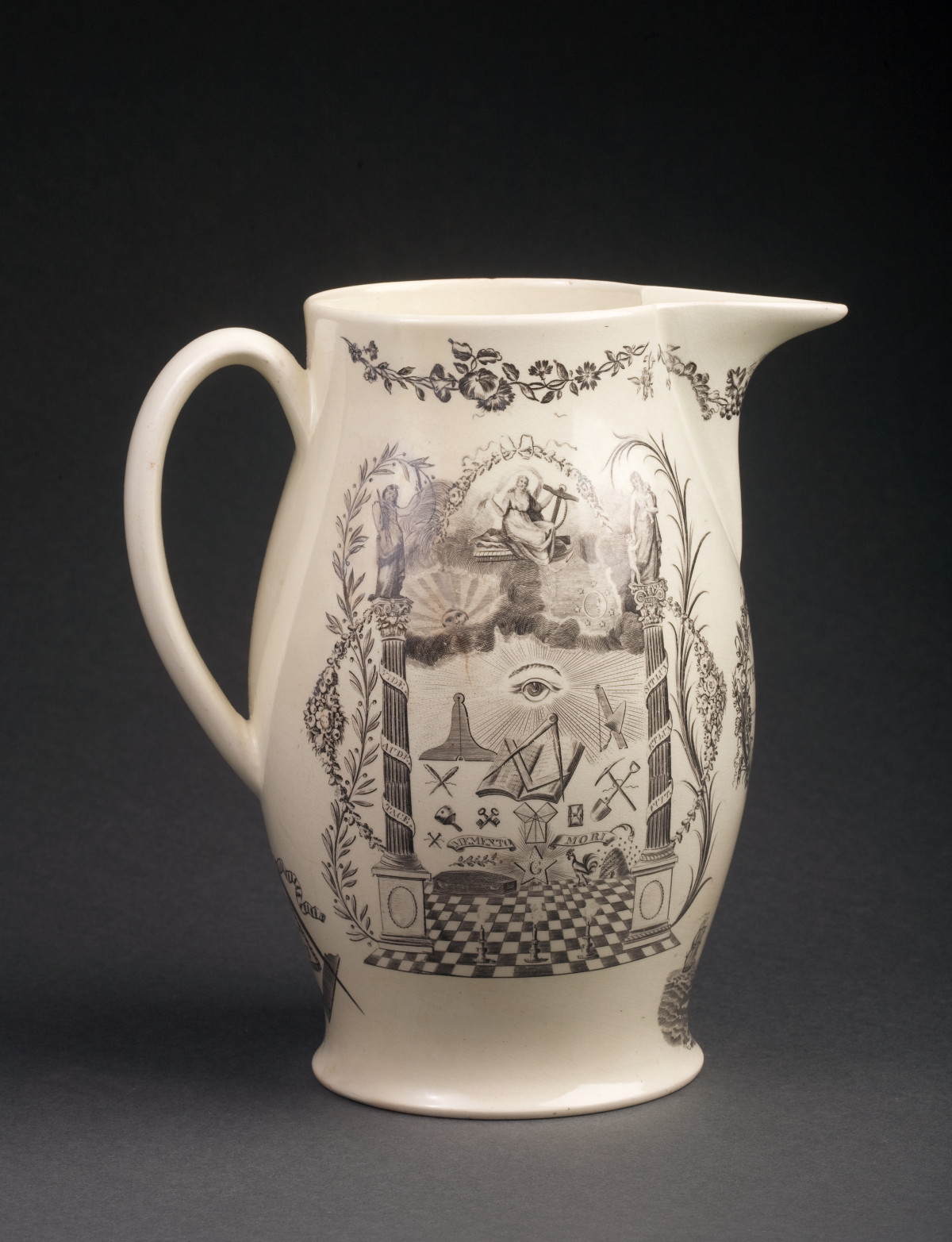 Appraisal: ENGLISH CREAMWARE ENAMEL-DECORATED AND BLACK TRANSFER-PRINTED PRESENTATION JUG PROBABLY LIVERPOOL