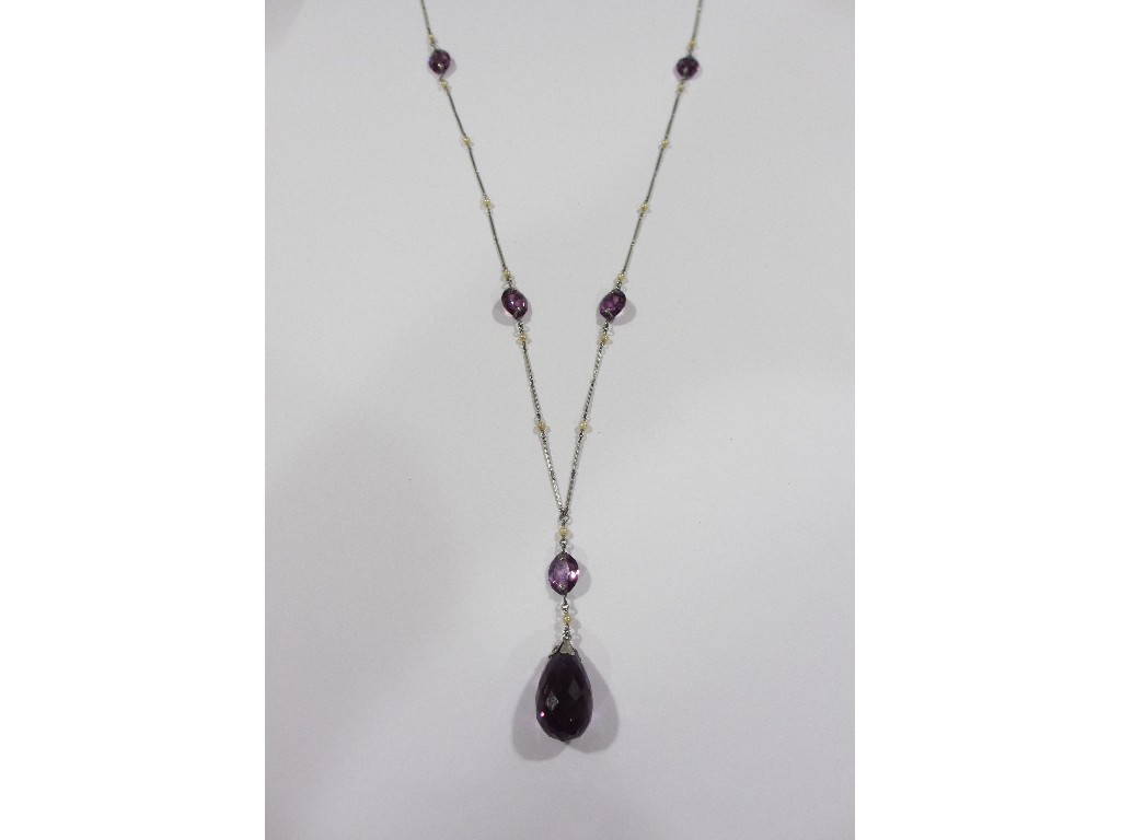 Appraisal: White metal necklace with seed pearl and amethyst spacers and