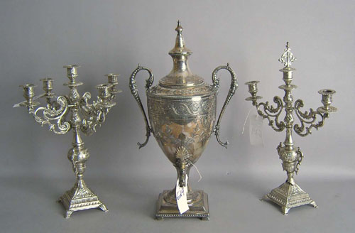 Appraisal: Two plated candelabra together with an urn