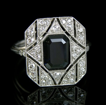 Appraisal: French Art Deco Platinum Diamond and Sapphire Ring Octagonal shape