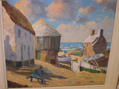 Appraisal: HUGH E RIDGE Fishing Village with Boats and Figures signed