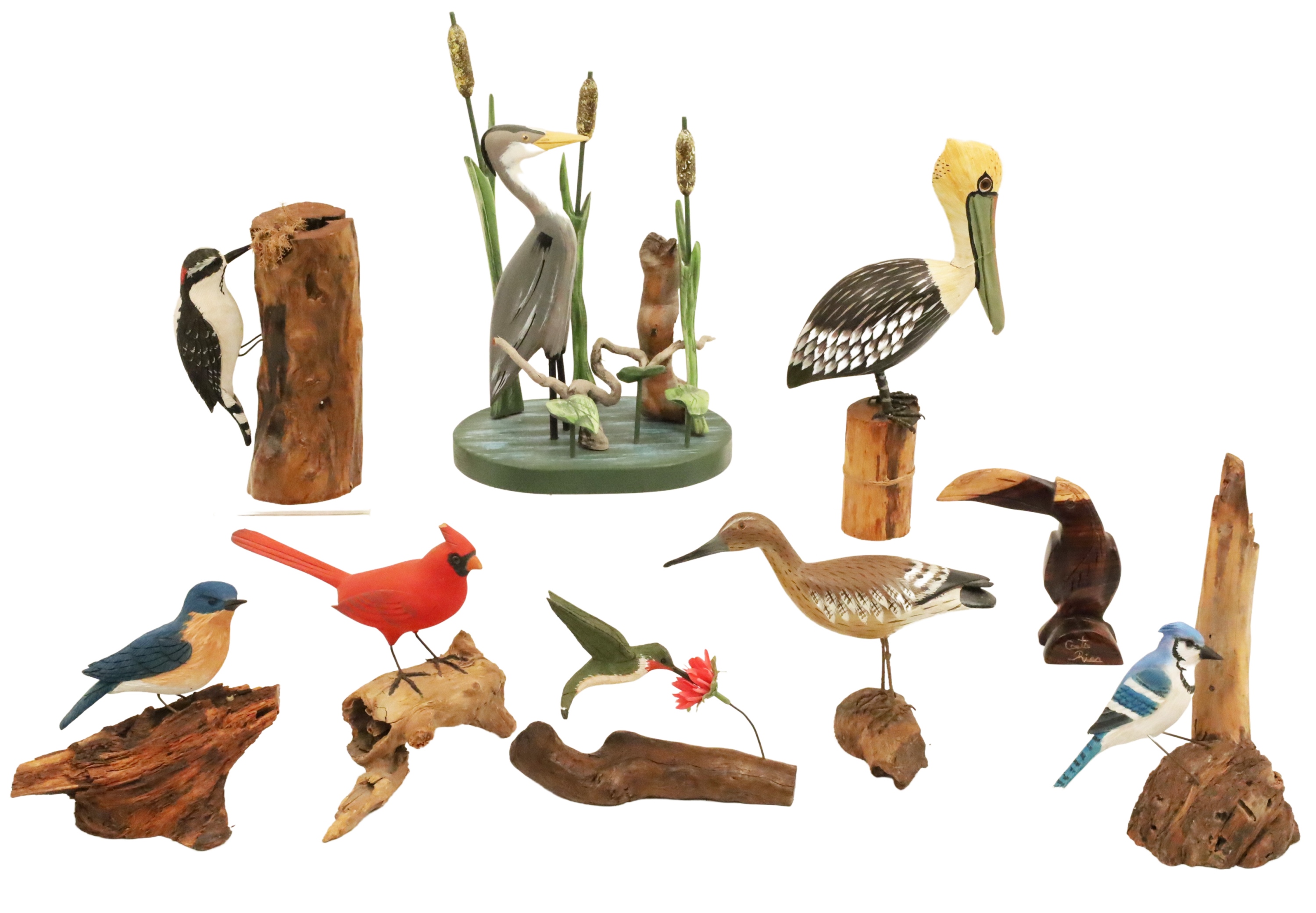 Appraisal: Collection of carved wood folk art bird models including a