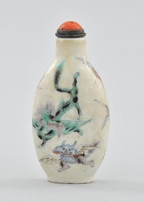 Appraisal: Polychrome Decorated Porcelain Snuff Bottle Elongated shape with short neck