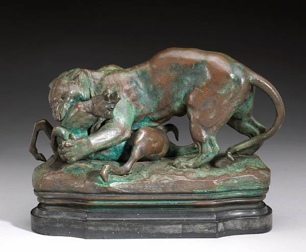 Appraisal: A French patinated bronze animalier group Tigre Surprenant une Antilope