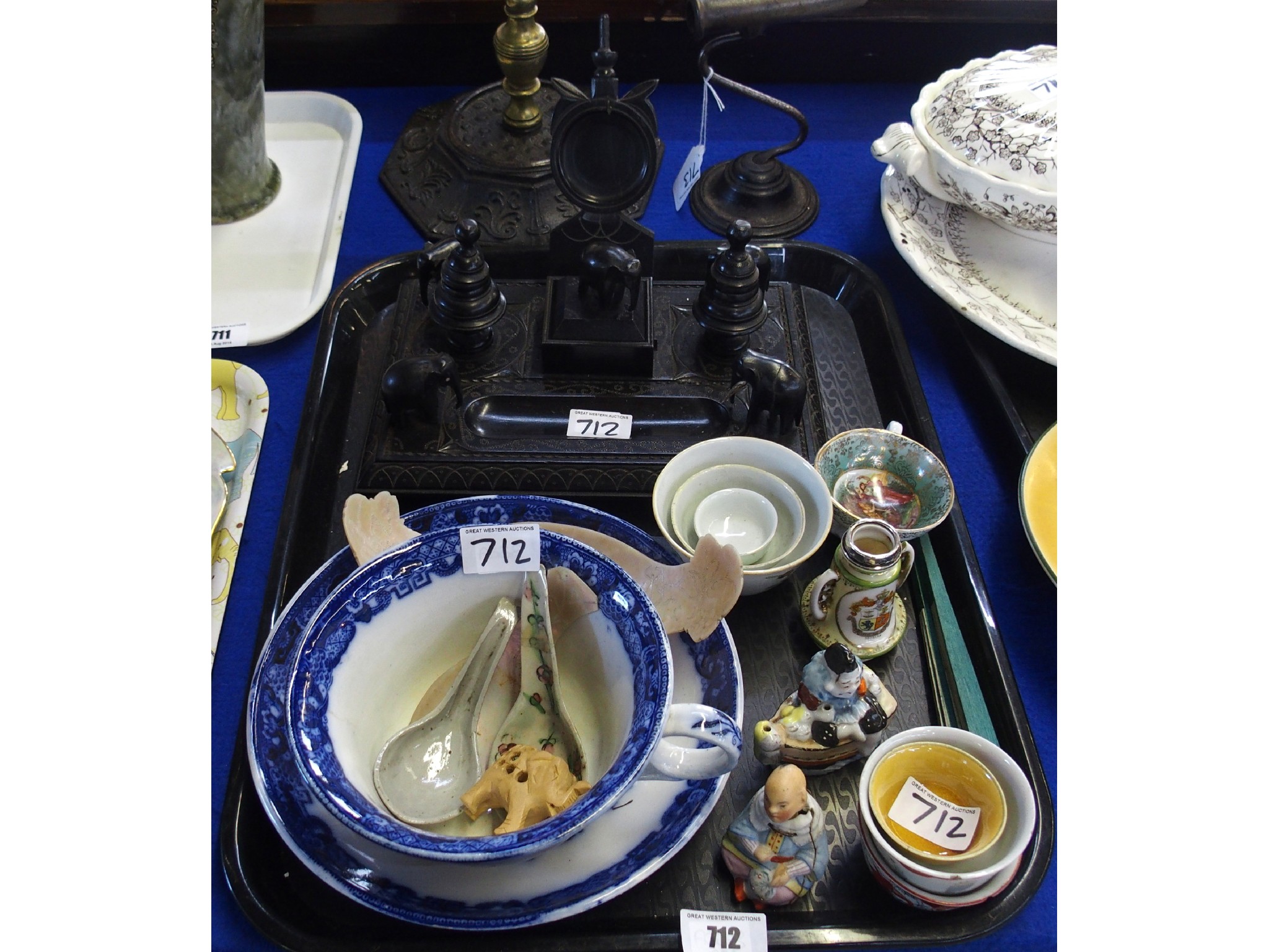 Appraisal: Tray comprising Indian carved wood inkstand blue and white cup