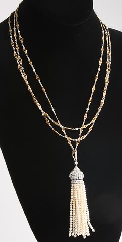 Appraisal: KTT long fancy link chain with pearl accents Tassel style