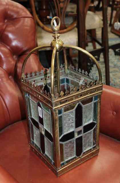 Appraisal: A BRASS LANTERN of square form inset stained and frosted